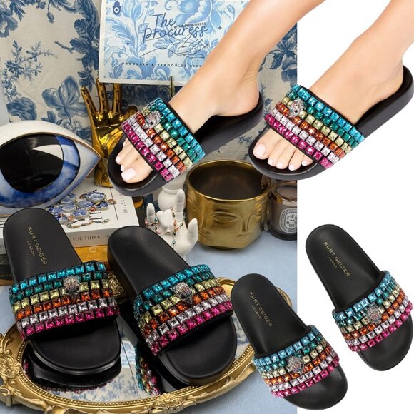🆕 KURT GEIGER LONDON 🧿 NWOB Meena Eagle Jewel Sandal, Black Rainbow, Sz 37 US7 - Picture 1 of 12